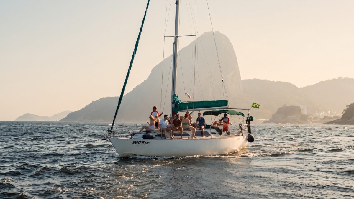 Um veleiro de cor branca se destaca na silhueta imponente do pao de acucar e das montanhas do rio de janeiro